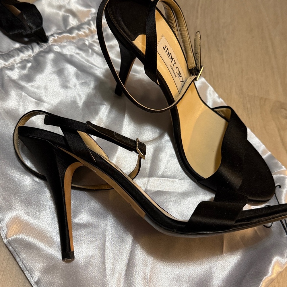 Jimmy Choo Black Satin Ankle-Strap Heels Fits 7 Or 7.5 Exact - Picture 4 of 7